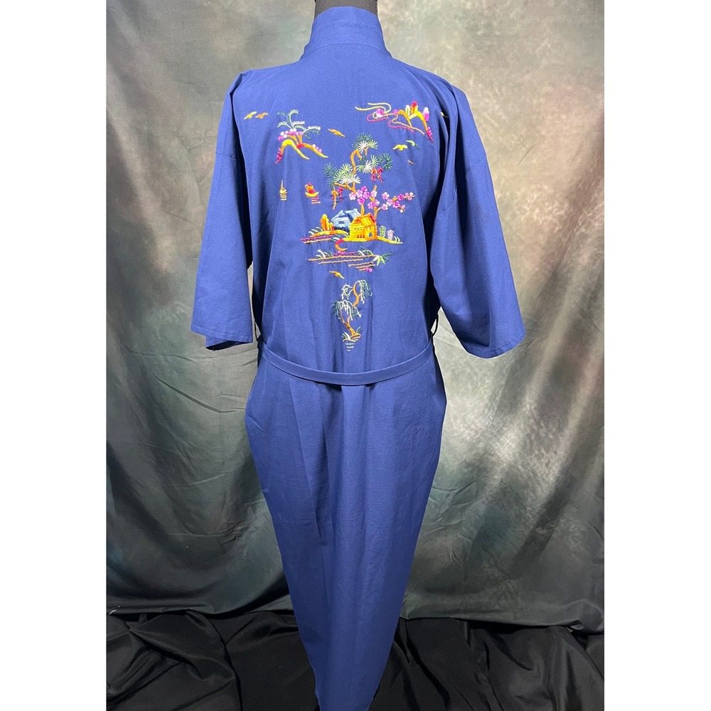 Vintage 70s Blue Embroidered Kimono Robe Landscape Cherry Blossom Size M